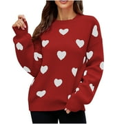 Odeerbi Sweaters for Women Fall Sweaters 2025 Crew Neck Fashion Love Long Sleeves Loose Tops Blouse Knitted Red